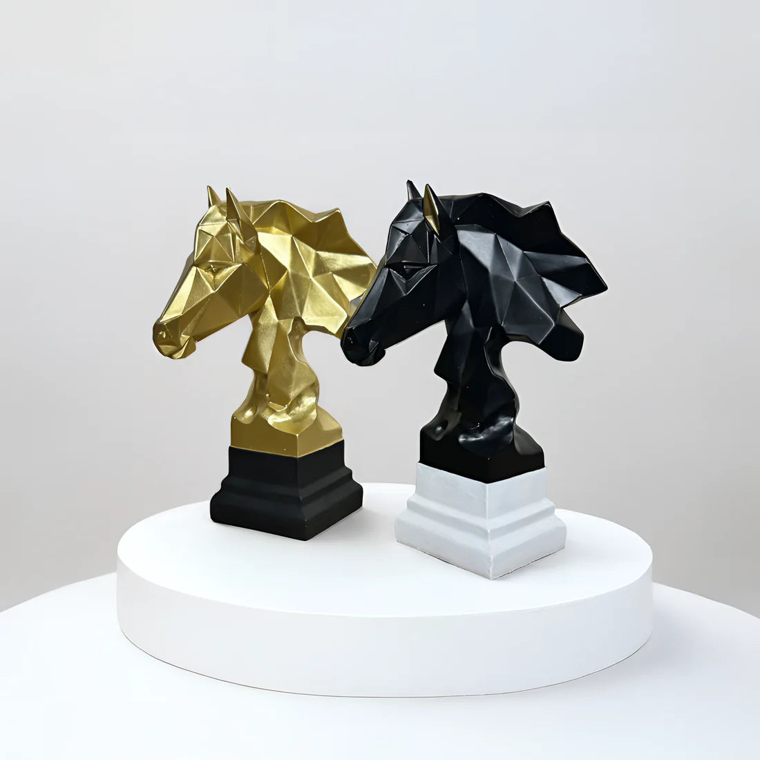 Home Studio | Geometric Black Horse Head Sculpture with White Base | Modern Polyresin Decor
