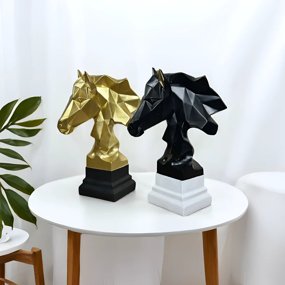 Home Studio | Geometric Black Horse Head Sculpture with White Base | Modern Polyresin Decor