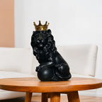 Home Studio | Black Lion King Sculpture with Golden Crown | Regal Polyresin Decor (23 cm)
