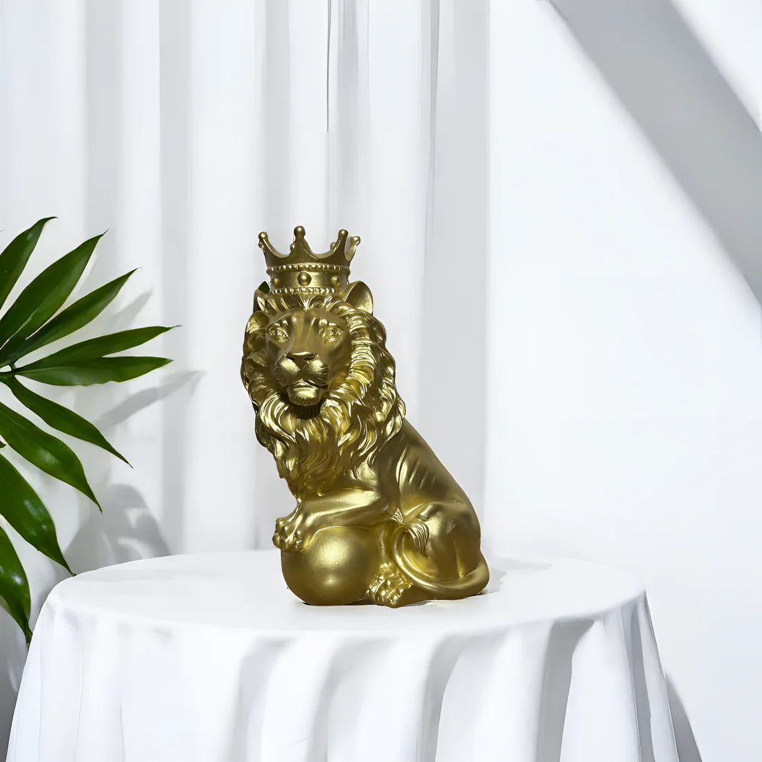 Home Studio | Golden Lion King Sculpture with Crown | Regal Polyresin Decor (23 cm)