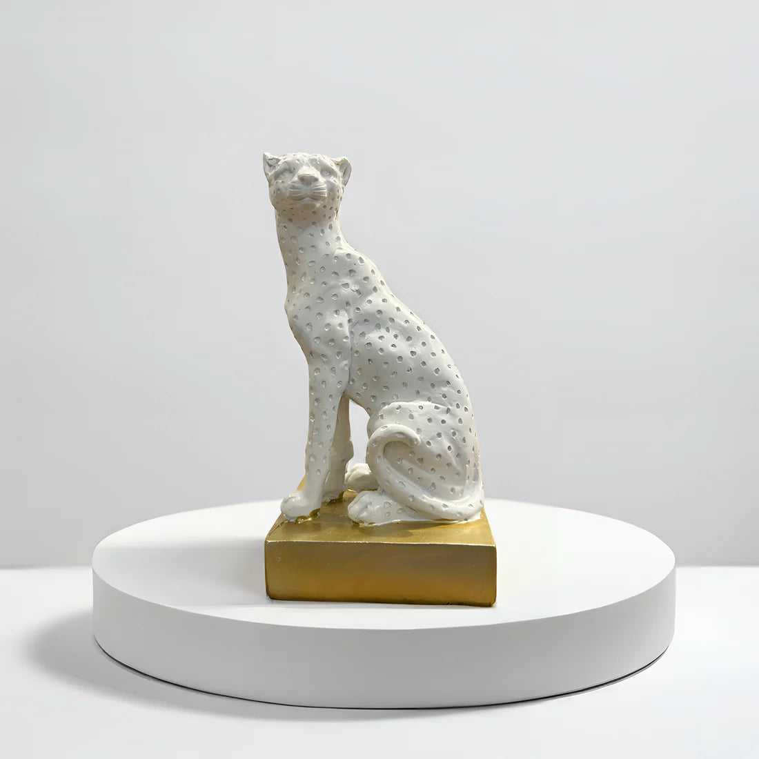 Home Studio | White Panther Sculpture with Golden Base | Modern Luxe Decor (18 cm)