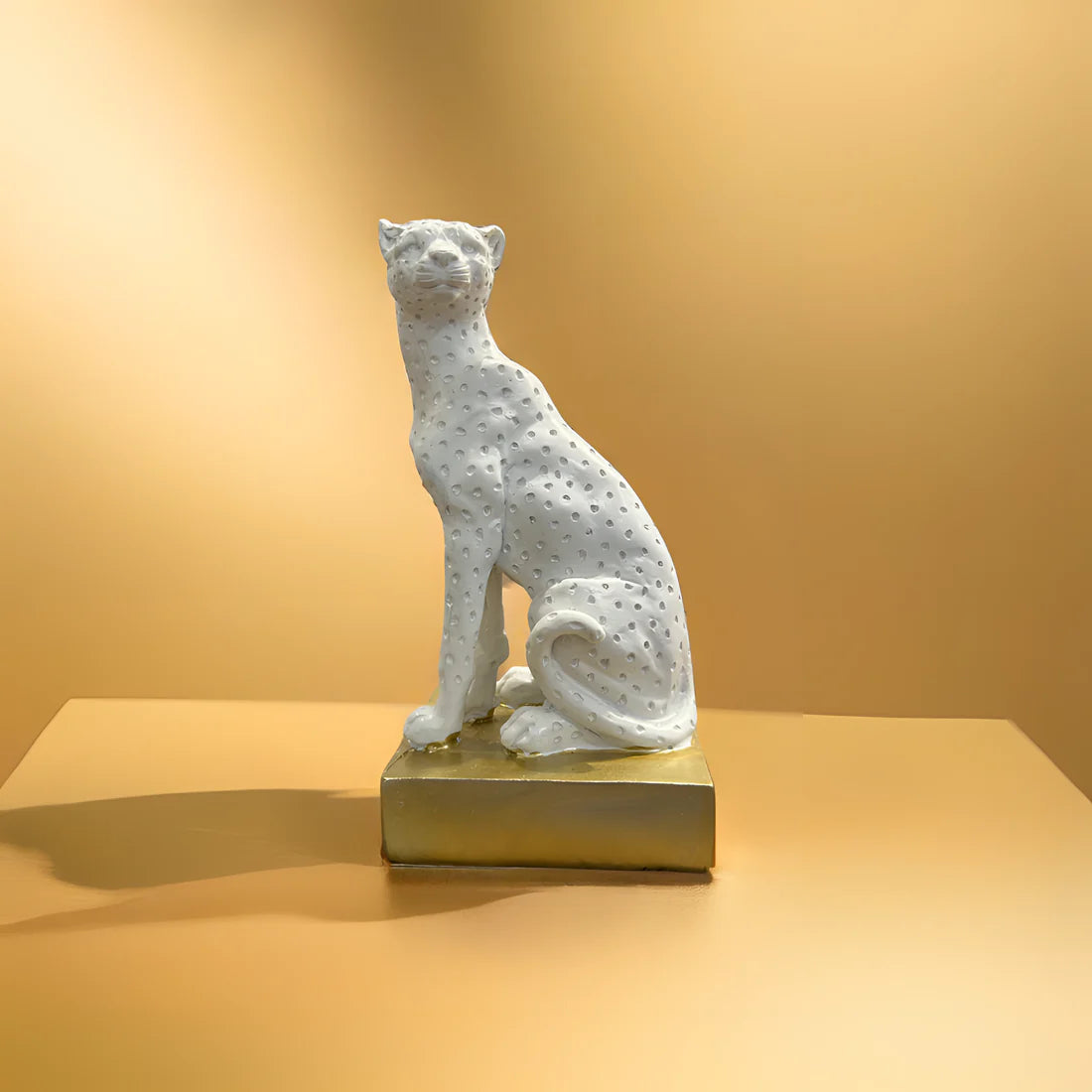 Home Studio | White Panther Sculpture with Golden Base | Modern Luxe Decor (18 cm)
