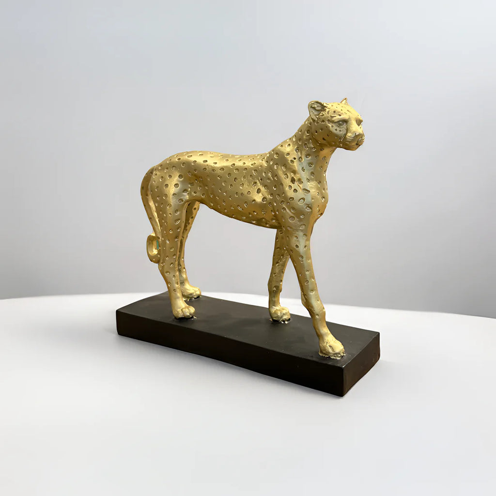 Home Studio | White Cheetah Sculpture with Golden Base | Modern Luxe Decor