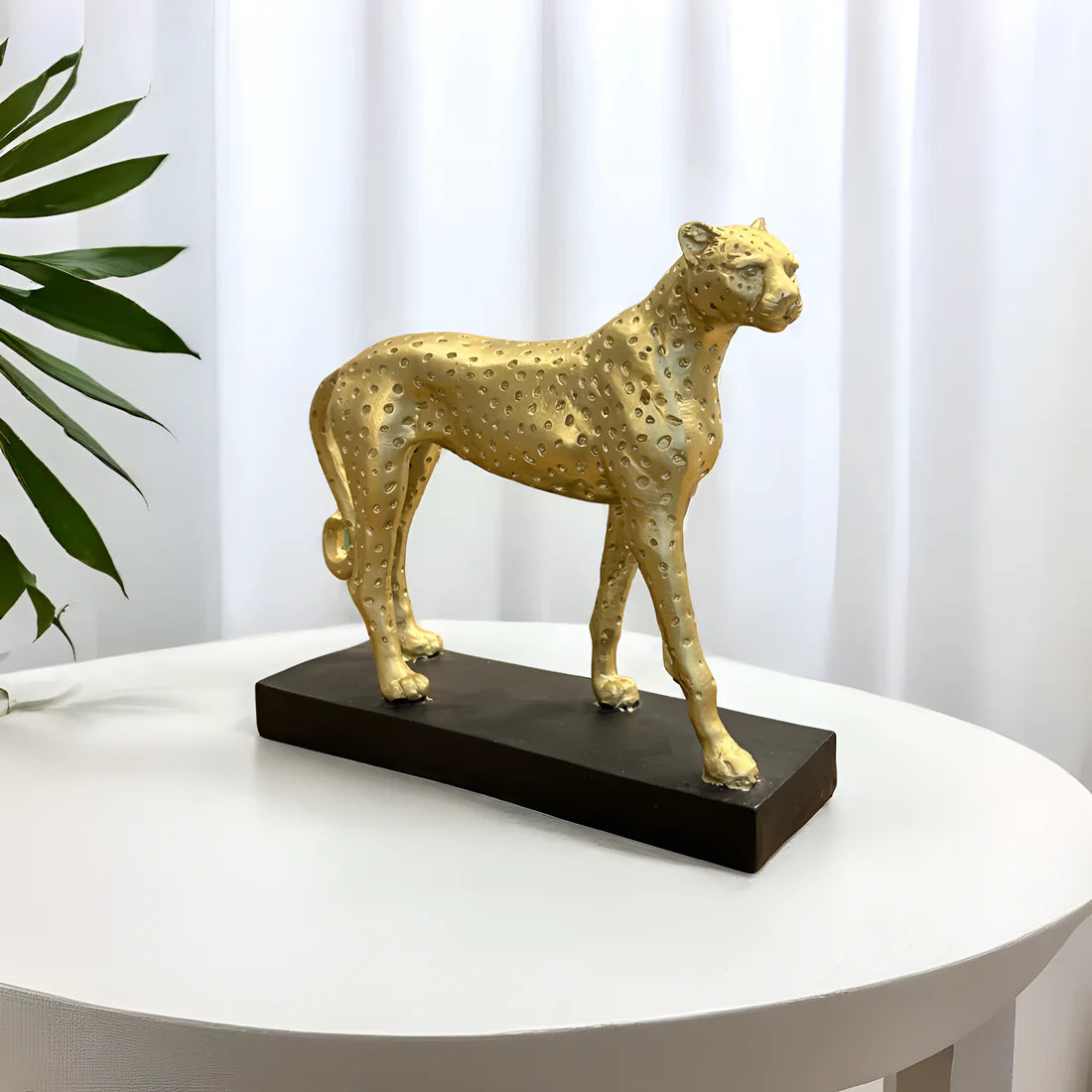 Home Studio | White Cheetah Sculpture with Golden Base | Modern Luxe Decor
