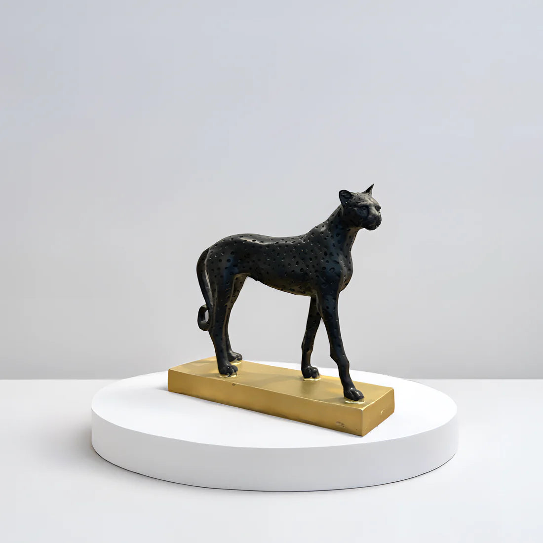 Home Studio | White Cheetah Sculpture with Golden Base | Modern Luxe Decor