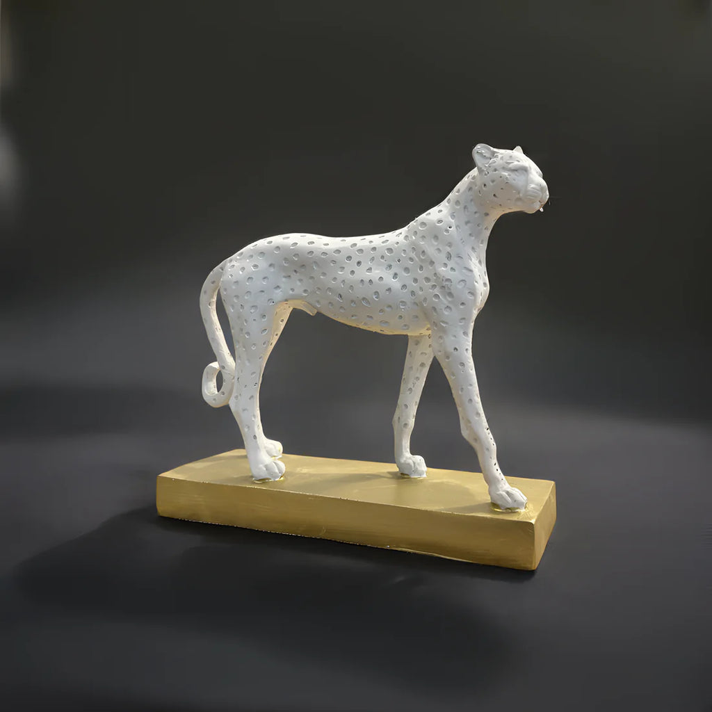 Home Studio | White Cheetah Sculpture with Golden Base | Modern Luxe Decor