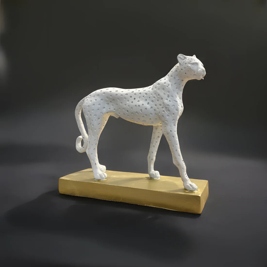 Home Studio | White Cheetah Sculpture with Golden Base | Modern Luxe Decor
