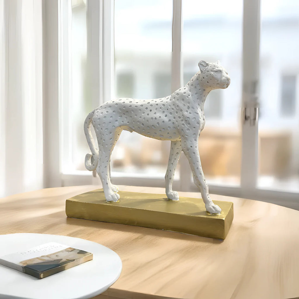 Home Studio | White Cheetah Sculpture with Golden Base | Modern Luxe Decor