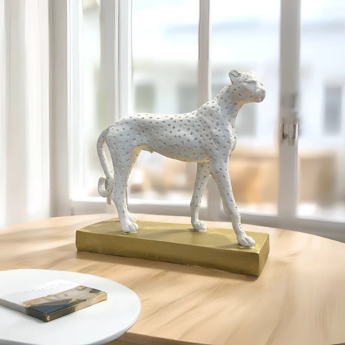 Home Studio | White Cheetah Sculpture with Golden Base | Modern Luxe Decor