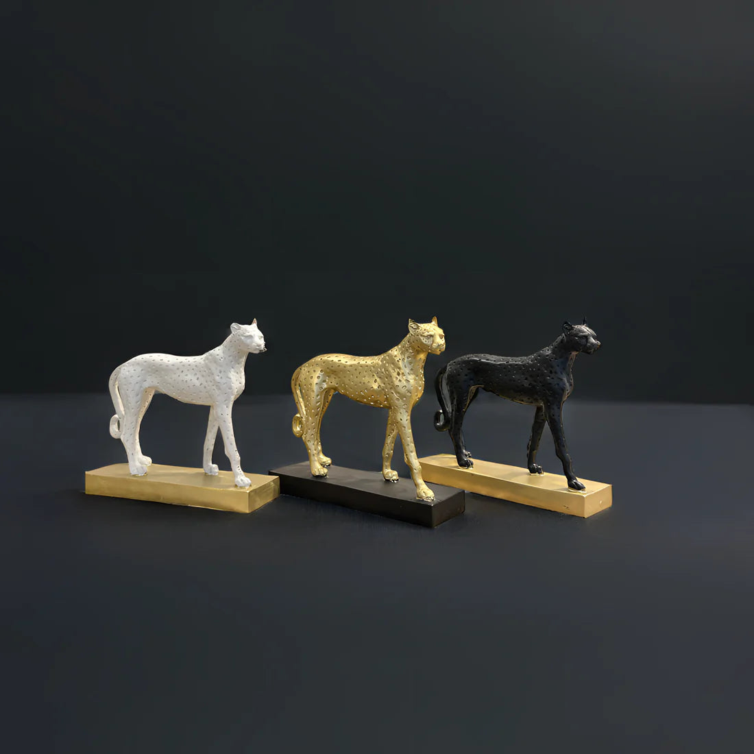 Home Studio | White Cheetah Sculpture with Golden Base | Modern Luxe Decor