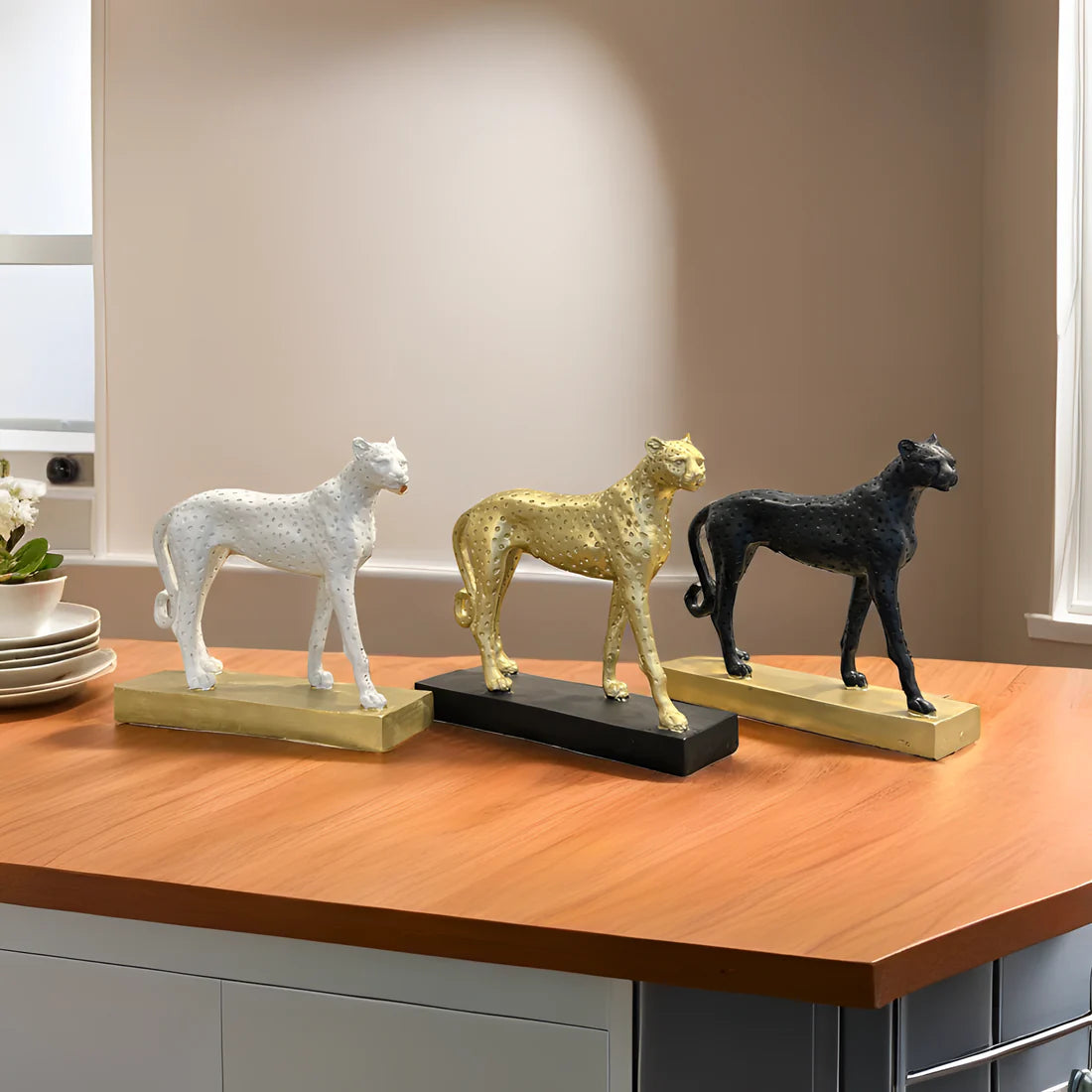 Home Studio | White Cheetah Sculpture with Golden Base | Modern Luxe Decor