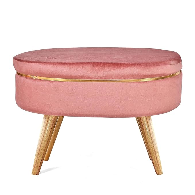 Round Pink Ottoman Pouffe – Stylish Wooden Bench Stool for Living Room, Bedroom & Home Décor