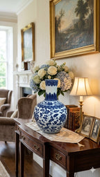 Blue & White Ceramic Flower Vase - 9 Inches