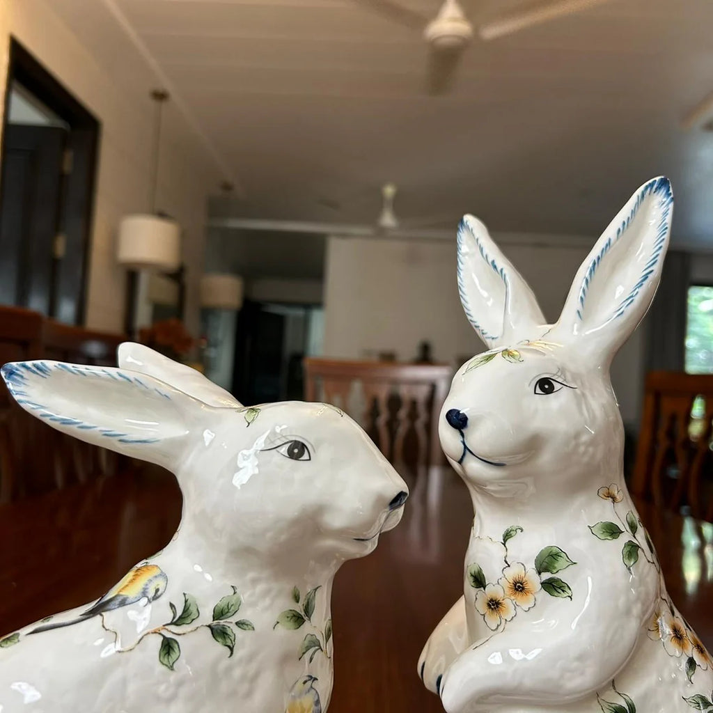 Home Studio | White Floral Rabbit Figurine 2 PC Set – Ceramic Decorative Item