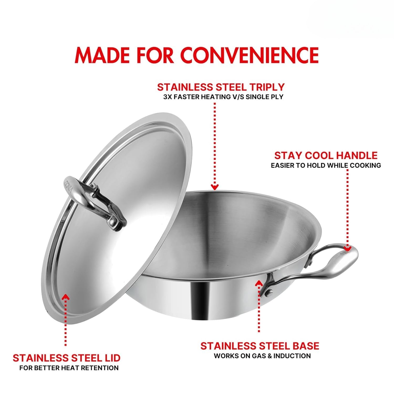 Wonder Wok Triply Stainless Steel Kadai with Stainless Steel Lid 5.7 litres Capacity (30 cm Diameter) Silver (Induction and Gas Stove Friendly)