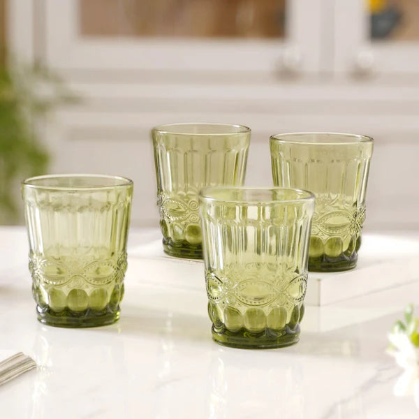 Green Textured Glass Set – Set of 4 Stylish Tumblers for Dining & Entertaining by Home Studio