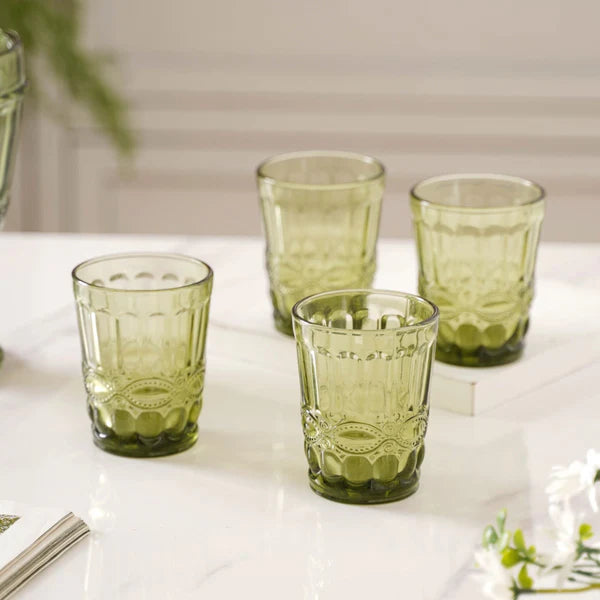 Green Textured Glass Set – Set of 4 Stylish Tumblers for Dining & Entertaining by Home Studio