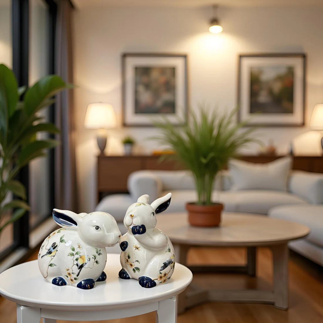 Home Studio | White Floral Rabbit Figurine 2 PC Set – Ceramic Decorative Item