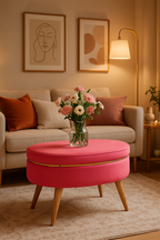 Round Pink Ottoman Pouffe – Stylish Wooden Bench Stool for Living Room, Bedroom & Home Décor