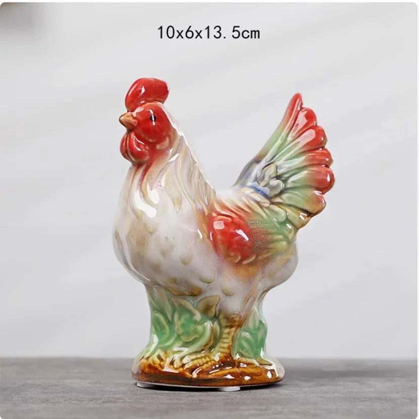 Home Studio | Ceramic Rooster & Hen Figurine Set – 2 Pieces Small | Hand-Painted Rustic Farmhouse Decor