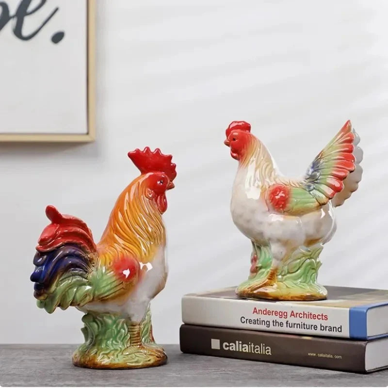Home Studio | Ceramic Rooster & Hen Figurine Set – 2 Pieces Large | Hand-Painted Rustic Farmhouse Decor