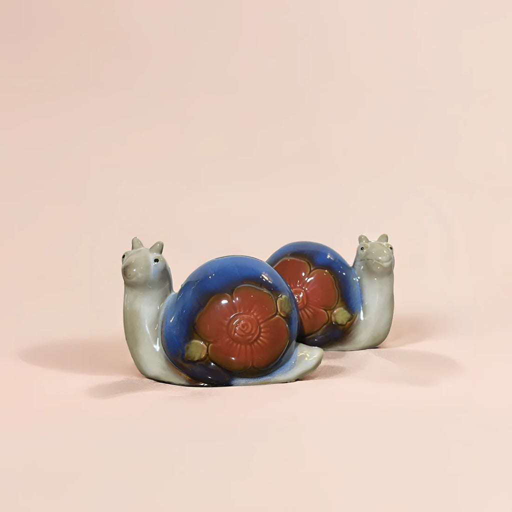 Home Studio | Whimsical Ceramic Snail Duo – Set of 2 Floral Shell Figurines | Cheerful Nature-Inspired Decor