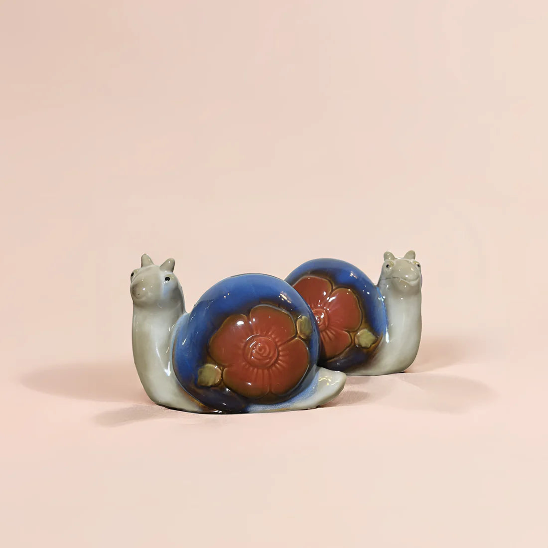 Home Studio | Whimsical Ceramic Snail Duo – Set of 2 Floral Shell Figurines | Cheerful Nature-Inspired Decor
