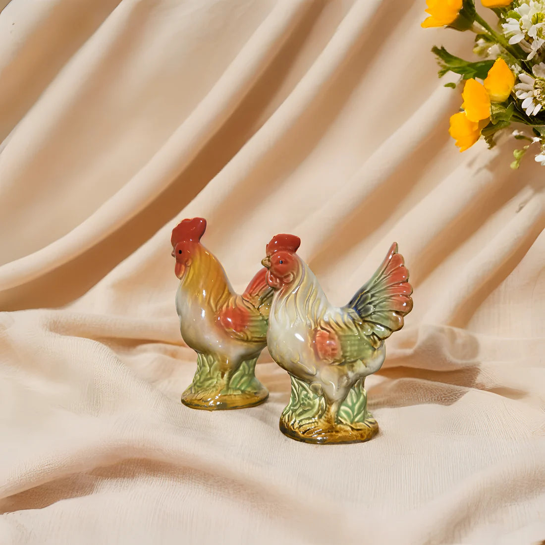 Home Studio | Ceramic Rooster & Hen Figurine Set – 2 Pieces Small | Hand-Painted Rustic Farmhouse Decor