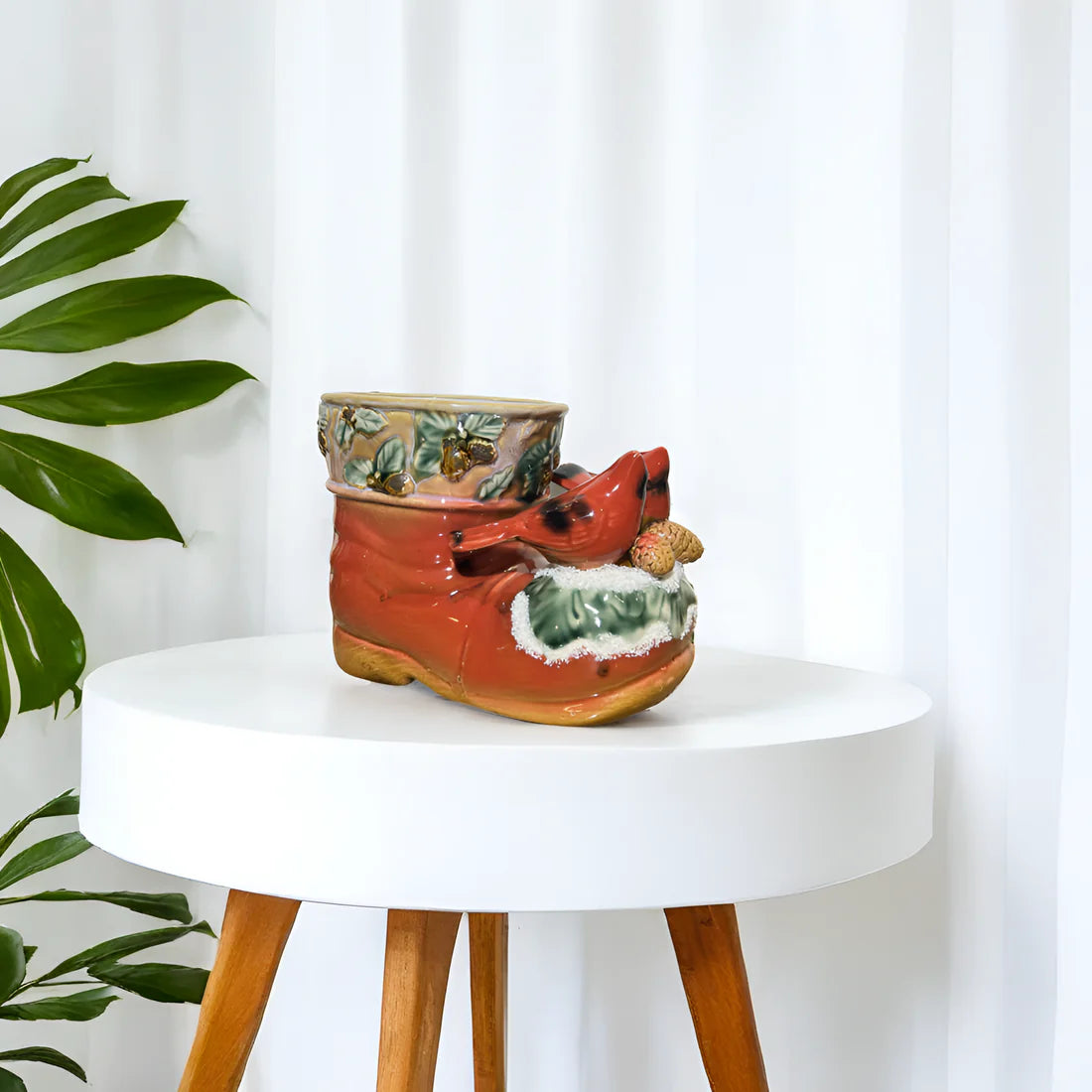 Home Studio | Holiday Ceramic Boot Planter – Rustic Multipurpose Decor with Woodland Accents