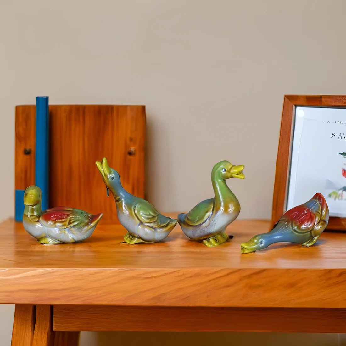 Home Studio Decorative Ceramic Duck Set – Multicolored Figurines (Set of 4) | Cute Collectible Home Decor for Living Room