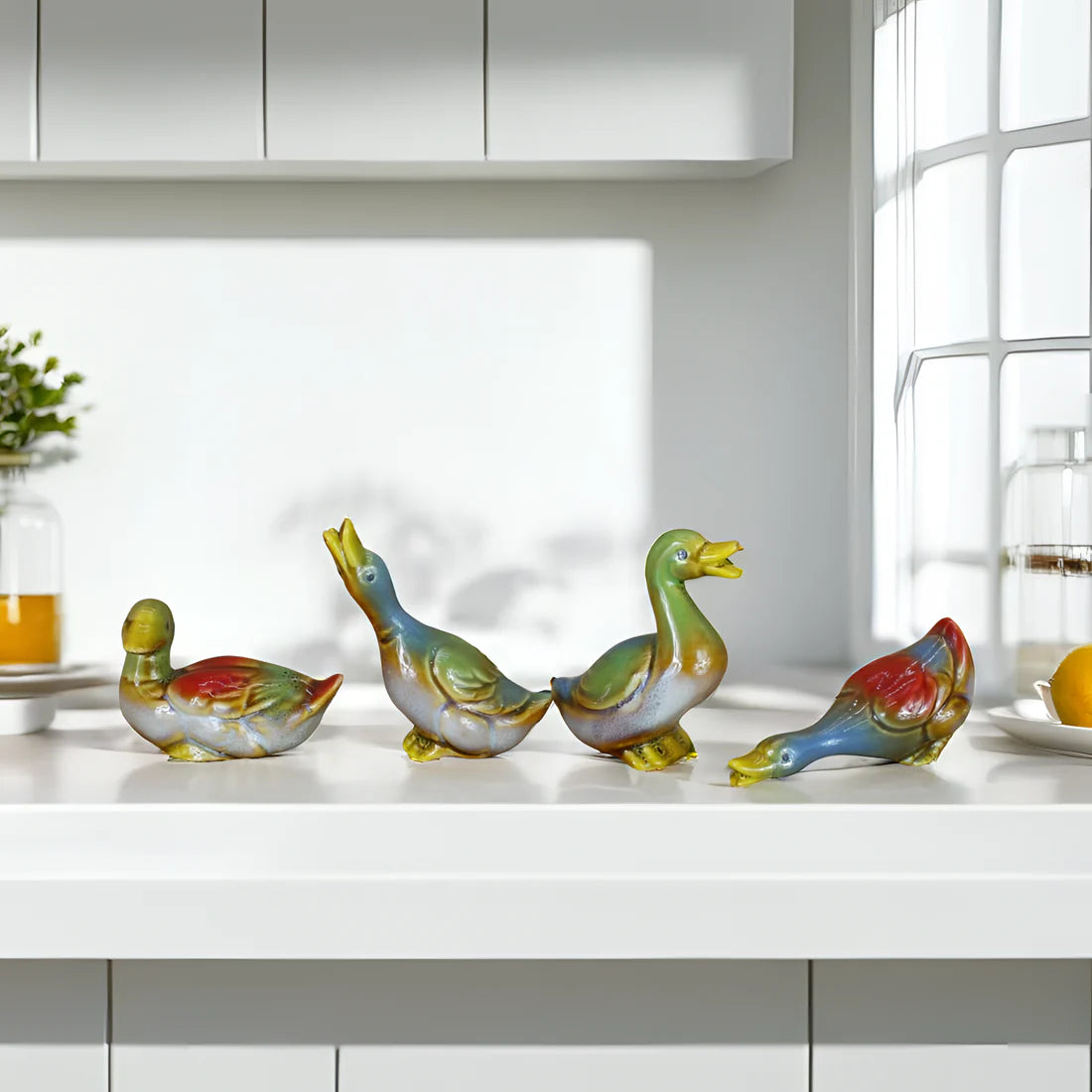 Home Studio Decorative Ceramic Duck Set – Multicolored Figurines (Set of 4) | Cute Collectible Home Decor for Living Room