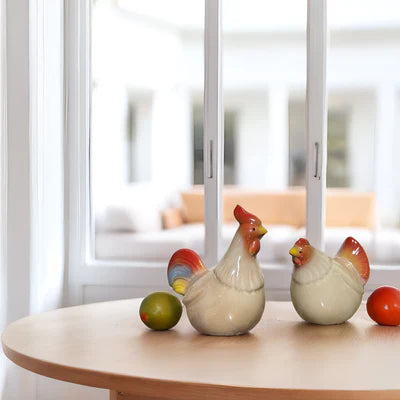 Home Studio | Ceramic Hen & Rooster Pair – Small Rustic Figurines | Farmhouse Style Kitchen & Shelf Decor