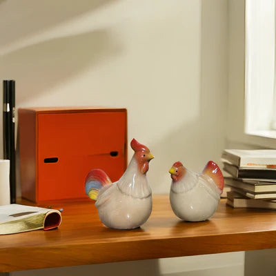 Home Studio | Ceramic Hen & Rooster Pair – Small Rustic Figurines | Farmhouse Style Kitchen & Shelf Decor
