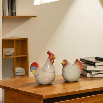 Home Studio | Ceramic Hen & Rooster Pair – Small Rustic Figurines | Farmhouse Style Kitchen & Shelf Decor