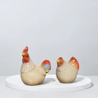 Home Studio | Ceramic Hen & Rooster Pair – Small Rustic Figurines | Farmhouse Style Kitchen & Shelf Decor