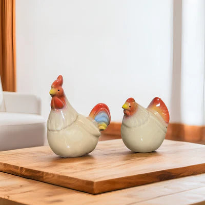 Home Studio | Ceramic Hen & Rooster Pair – Small Rustic Figurines | Farmhouse Style Kitchen & Shelf Decor