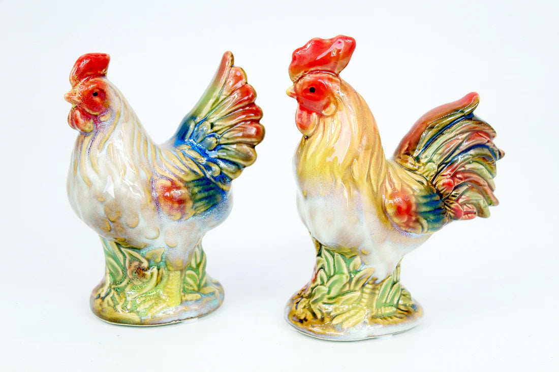 Home Studio | Ceramic Rooster & Hen Figurine Set – 2 Pieces Small | Hand-Painted Rustic Farmhouse Decor