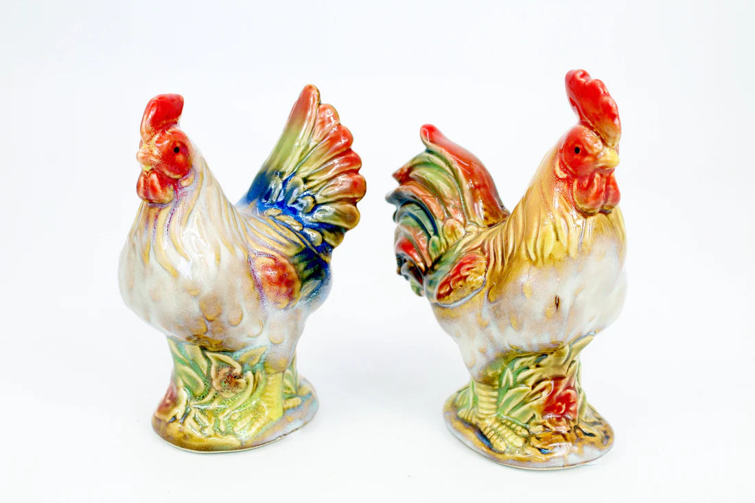 Home Studio | Ceramic Rooster & Hen Figurine Set – 2 Pieces Small | Hand-Painted Rustic Farmhouse Decor