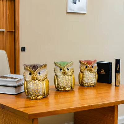 Home Studio Vintage Ceramic Owl Trio – Handcrafted Figurines (Set of 3) | Rustic & Charming Home Decor