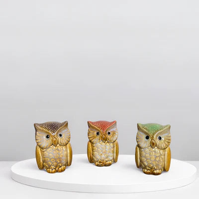 Home Studio Vintage Ceramic Owl Trio – Handcrafted Figurines (Set of 3) | Rustic & Charming Home Decor