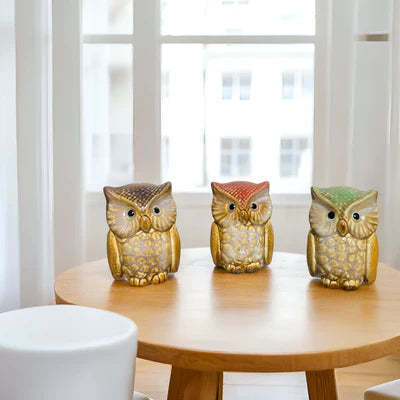 Home Studio Vintage Ceramic Owl Trio – Handcrafted Figurines (Set of 3) | Rustic & Charming Home Decor