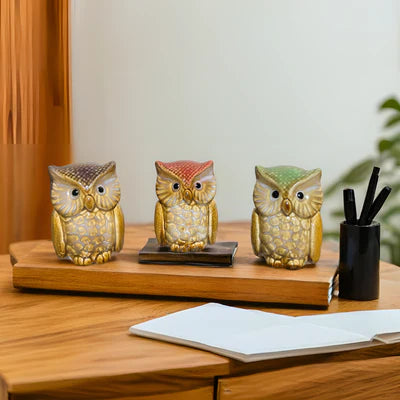 Home Studio Vintage Ceramic Owl Trio – Handcrafted Figurines (Set of 3) | Rustic & Charming Home Decor
