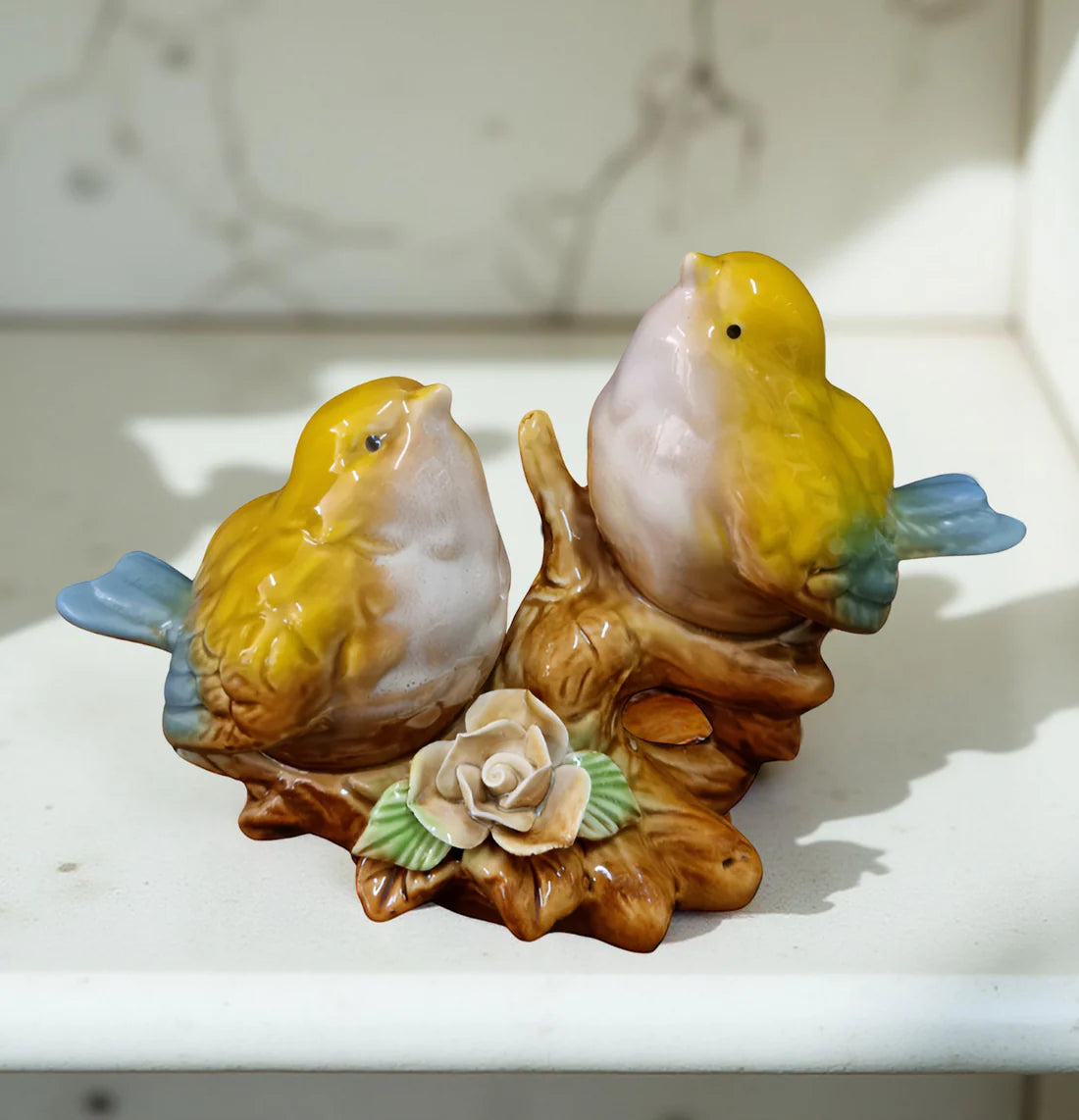 Ceramic Lovebirds Tabletop Figurine – Yellow & Blue Decor