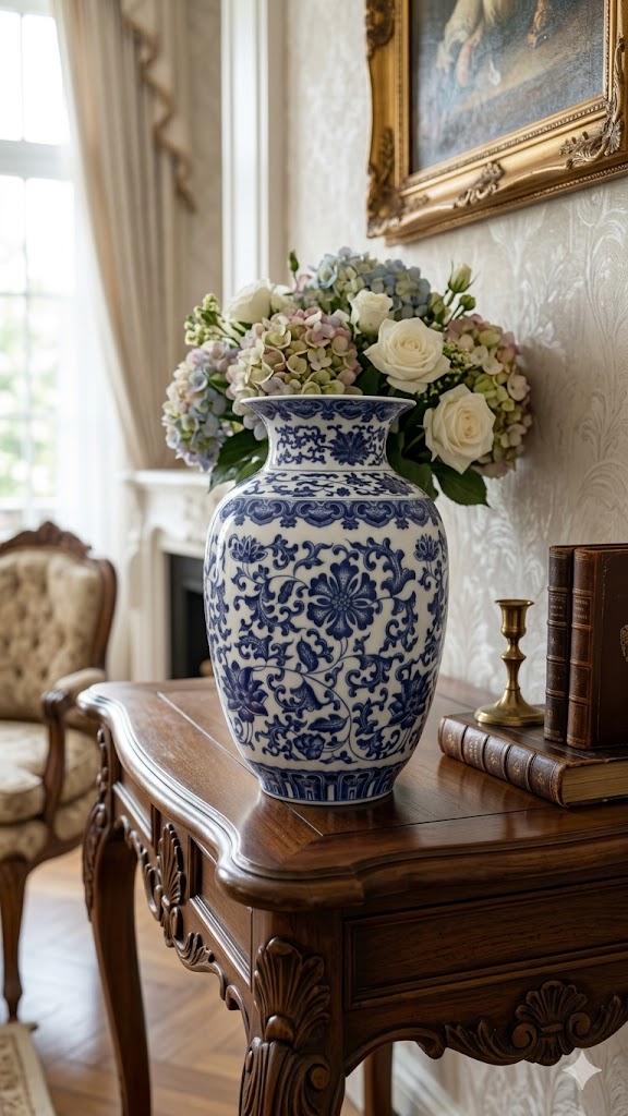 Blue & White Ceramic Flower Vase - 9 Inches